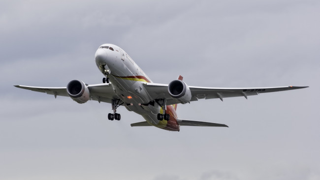 Обои картинки фото boeing 787, авиация, пассажирские самолёты, полет, небо, авиалайнер