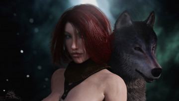 Картинка 3д+графика люди+и+животные+ people+and+animals волк фон взгляд девушка
