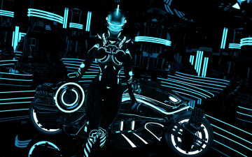 Картинка фэнтези роботы +киборги +механизмы фантастика девушка костюм грудь рендеринг light bike tron