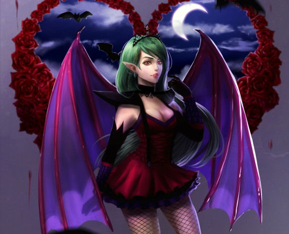 Обои картинки фото фэнтези, демоны, платье, полумесяц, луна, крылья, вампир, аниме, арт, девушка
