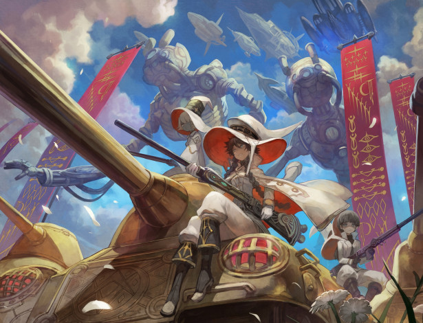 Обои картинки фото аниме, оружие,  техника,  технологии, lack, арт, девочки, город