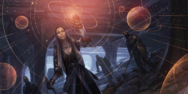 Обои картинки фото фэнтези, девушки, девушка, фантастика, звезды, карта, планета, меч, щит, воины