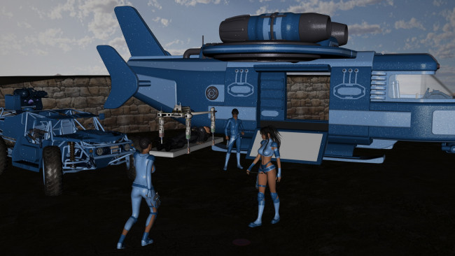 Обои картинки фото 3д графика, фантазия , fantasy, взгляд, самолет, фон, девушки