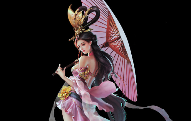 Обои картинки фото фэнтези, девушки, арт, девушка, взгляд, цветок, платье, зонт, фон