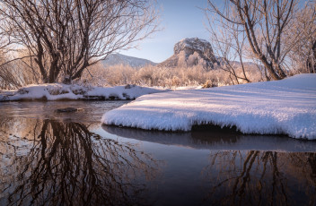 Картинка природа реки озера март деревья вода снег весна