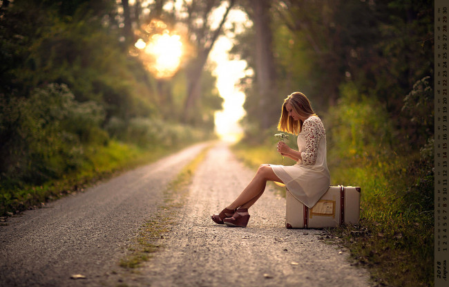 Обои картинки фото календари, девушки, дорога, растения, профиль, чемодан