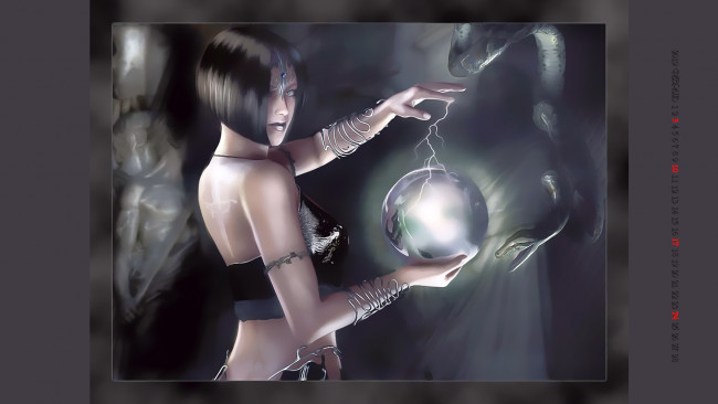 Обои картинки фото календари, фэнтези, змея, шар, девушка, магия