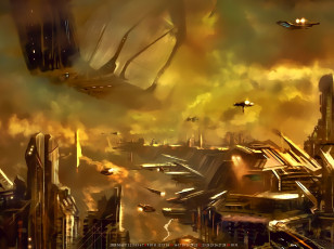 обоя календари, фэнтези, звездолет, город, сооружение, calendar, 2020