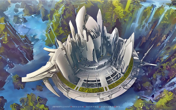 обоя календари, фэнтези, водопад, природа, аппарат, calendar, 2020