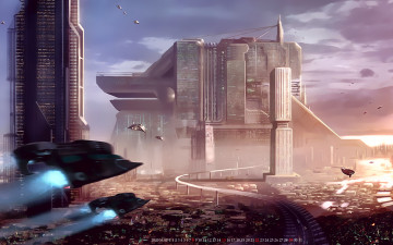 обоя календари, фэнтези, звездолет, город, здание, полет, calendar, 2020
