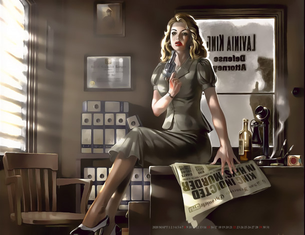 Обои картинки фото календари, фэнтези, женщина, оружие, газета, бутылка, помещение, calendar, 2020