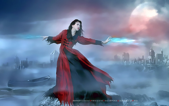 Обои картинки фото календари, фэнтези, девушка, магия, город, calendar, 2020
