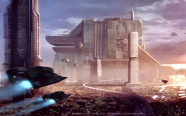 Обои картинки фото календари, фэнтези, звездолет, город, здание, полет, calendar, 2020