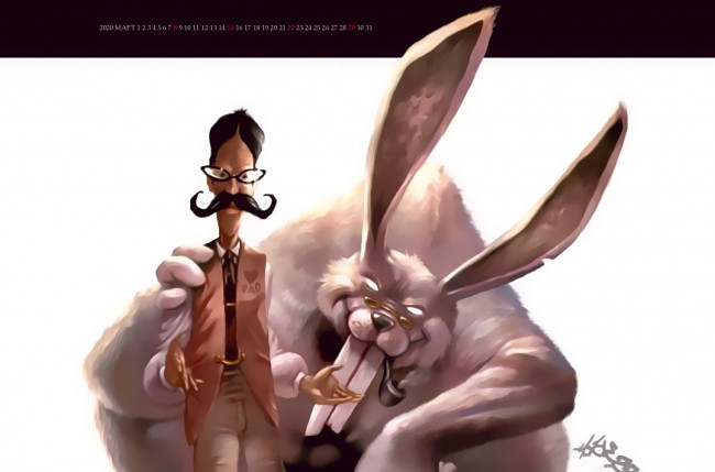 Обои картинки фото календари, рисованные,  векторная графика, кролик, трубка, мужчина, усы, очки, животное, calendar, 2020