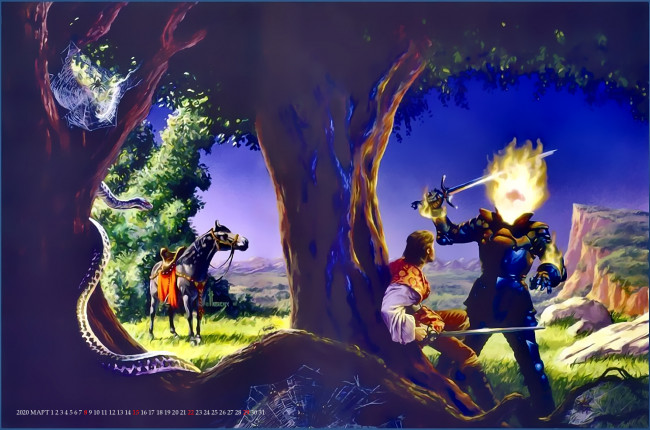 Обои картинки фото календари, фэнтези, мужчина, огонь, конь, оружие, природа, лошадь, существо, calendar, 2020
