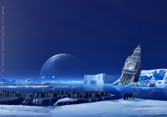 Обои картинки фото календари, фэнтези, пингвин, водоем, лед, снег, архитектура, calendar, 2020