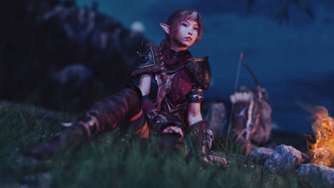 Обои картинки фото 3д графика, эльфы , elves, девушка, фон, взгляд, костер, униформа