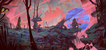 Картинка фэнтези иные+миры +иные+времена домики существа обрыв