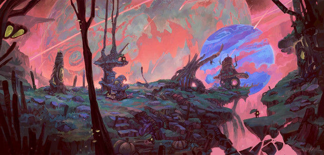 Обои картинки фото фэнтези, иные миры,  иные времена, домики, существа, обрыв