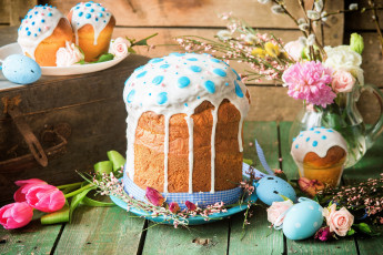 Картинка праздничные пасха куличи яйца цветы