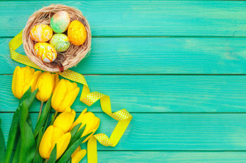 обоя праздничные, пасха, корзина, яйца, тюльпаны, лента
