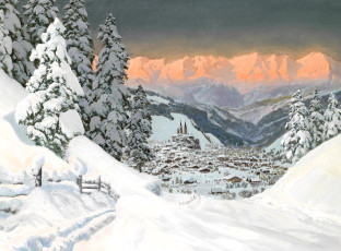 обоя рисованное, alois arnegger, город, горы, долина, лес, ёлки, снег, зима, следы