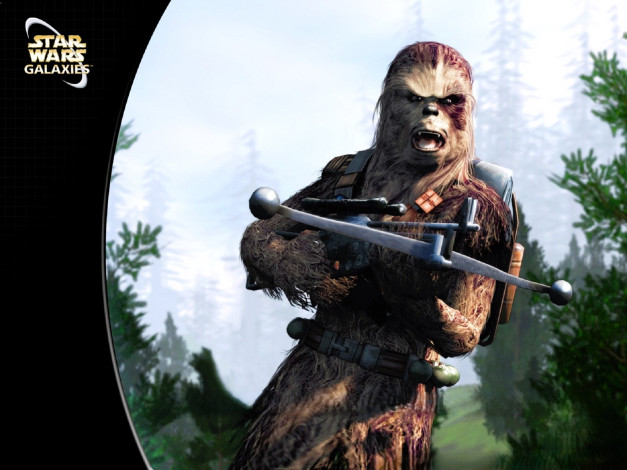 Обои картинки фото видео игры, star wars,  galaxies, воин, существо, арбалет, деревья