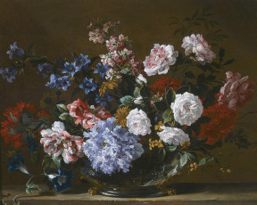 Картинка рисованные jean baptiste monnoyer цветы в серебряной вазе