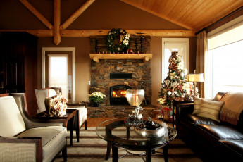 Картинка интерьер гостиная кресла стол праздник ёлка диваны