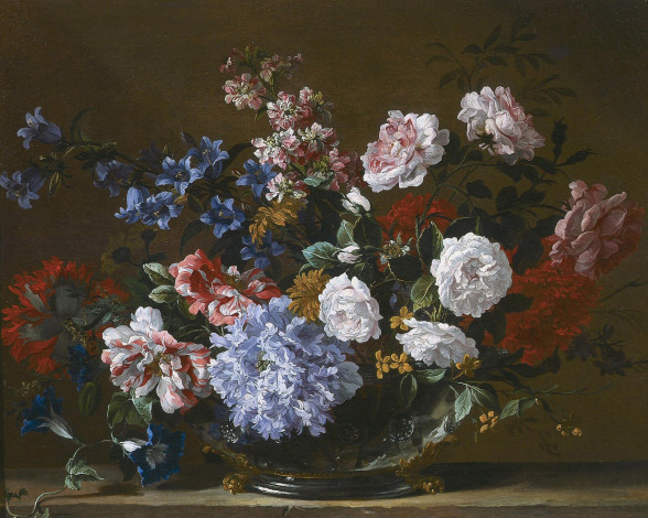 Обои картинки фото рисованные, jean, baptiste, monnoyer, цветы, в, серебряной, вазе
