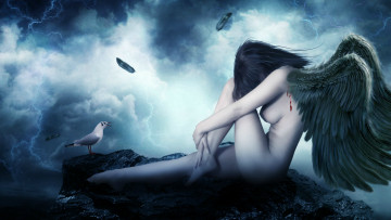 Картинка фэнтези ангелы ангел крылья чайка перья молнии