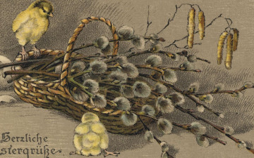 Картинка рисованные живопись корзинка цыплята верба почки ветки