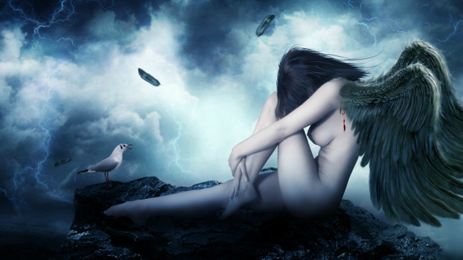 Обои картинки фото фэнтези, ангелы, ангел, крылья, чайка, перья, молнии