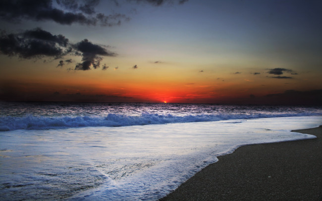 Обои картинки фото природа, восходы, закаты, закат, волны, пляж, океан