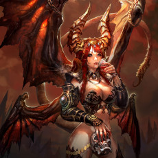 Картинка фэнтези демоны бокал украшения рога демон облака девушка крылья череп взгляд кровь небо