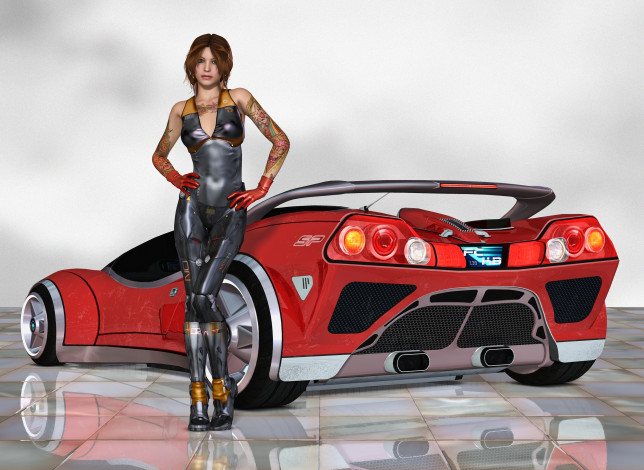 Обои картинки фото автомобили, 3d car&girl, автомобиль, взгляд, девушка