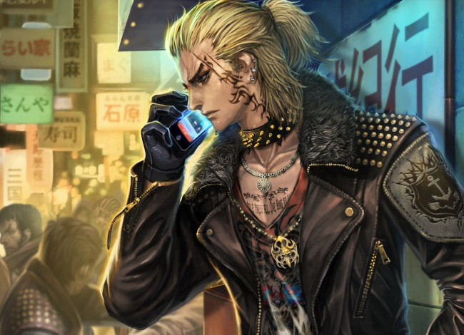 Обои картинки фото фэнтези, люди, шрам, татуировки, улица, мобильник, телефон, парень, арт