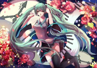 Картинка аниме vocaloid hatsune miku tagme artist арт часы цветы девушка волосы взгляд