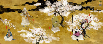 Картинка аниме оружие +техника +технологии touken ranbu ima-no-tsurugi ishikirimaru деревья iwatooshi kogitsunemaru mikazuki munechika naga-no парни меч