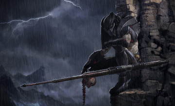 Картинка фэнтези существа хищник predator оружие ливень молнии скала существо