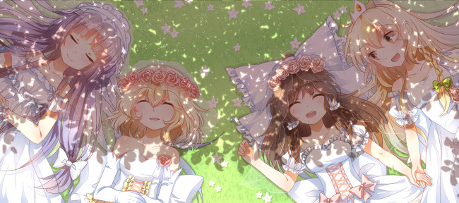 Обои картинки фото аниме, touhou, alice, margatroid, луг, трава, цветы, hakurei, reimu, kirisame, marisa, patchouli, knowledge, арт, девушки, 3000, xiao, chun