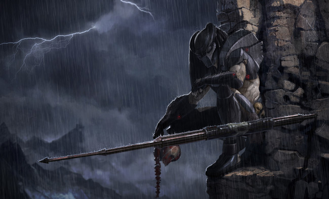 Обои картинки фото фэнтези, существа, хищник, predator, оружие, ливень, молнии, скала, существо