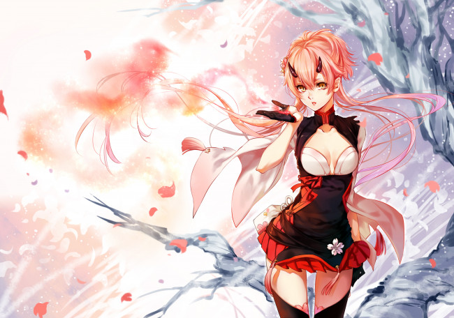 Обои картинки фото аниме, pixiv fantasia, pixiv, fantasia, kingchenxi, арт, девушка, лепестки, рожки