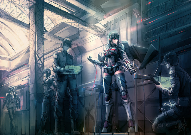 Обои картинки фото аниме, оружие,  техника,  технологии, парни, броня, девушки, технологии, арт, shou-mai