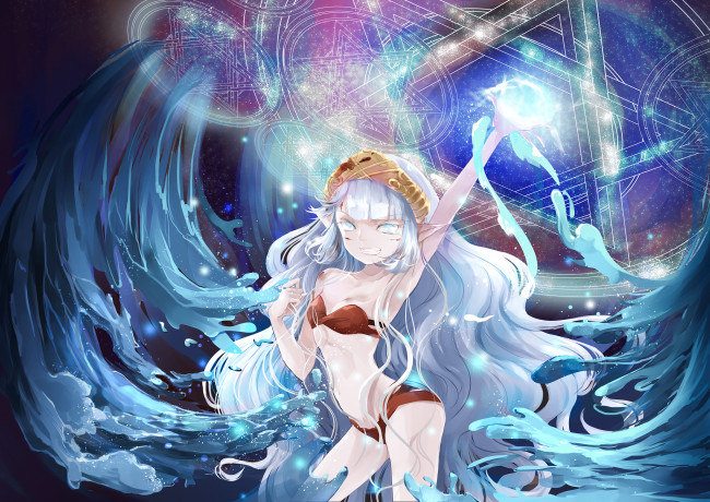 Обои картинки фото аниме, pixiv fantasia, pixiv, fantasia, yotsuba, vidaliu00, арт, пентаграммы, девушка, эльф, вода, магия