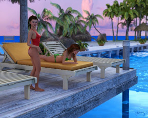 Картинка 3д+графика люди+ people девушки взгляд фон шезлонг бассейн