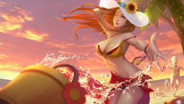 Картинка видео+игры heroes+of+newerth heroes of newerth gravekeeper hestia рыжая songkran ведро песок грудь купальник вода шляпа девушка море пляж