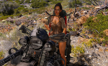 Картинка 3д+графика фантазия+ fantasy девушка мотоцикл фон взгляд