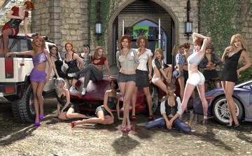 Картинка 3д+графика люди-авто мото+ people-+car+ +moto автомобили фон взгляд девушки