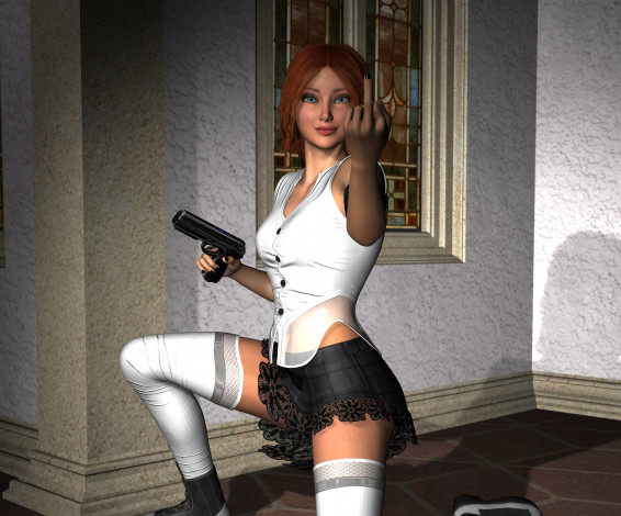 Обои картинки фото 3д графика, люди , people, фон, взгляд, девушка, оружие